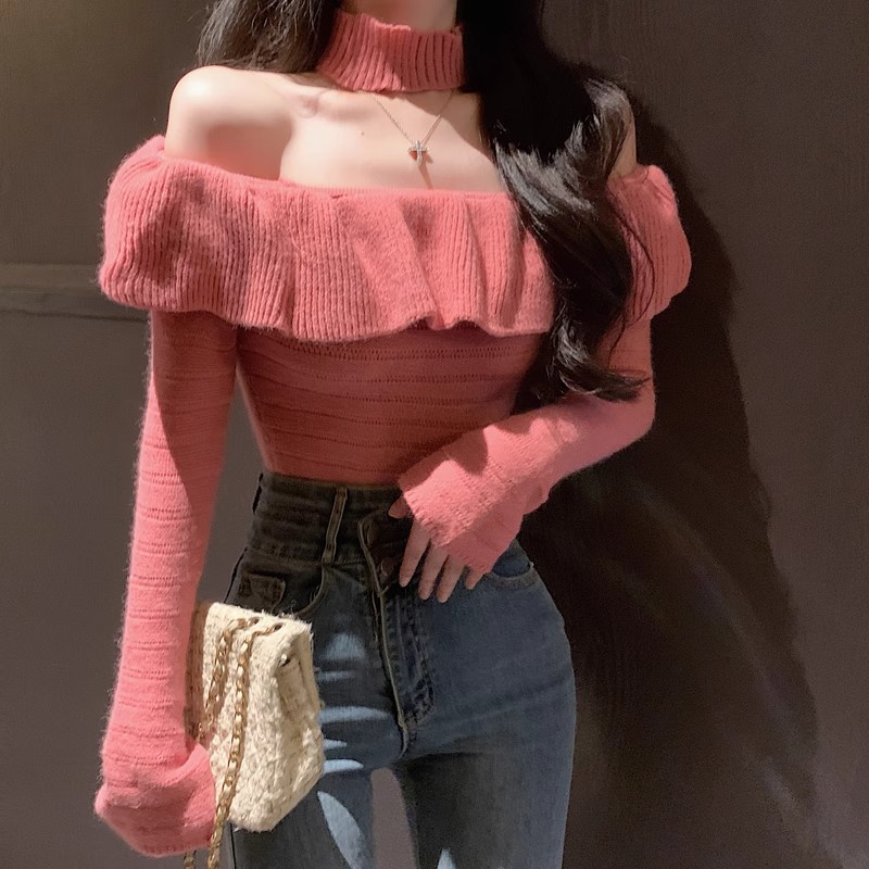 Hot girl pure desire halter neck sweater women's autumn and winter long-sleeved one-shoulder sweater black bottoming shirt slim slimming top