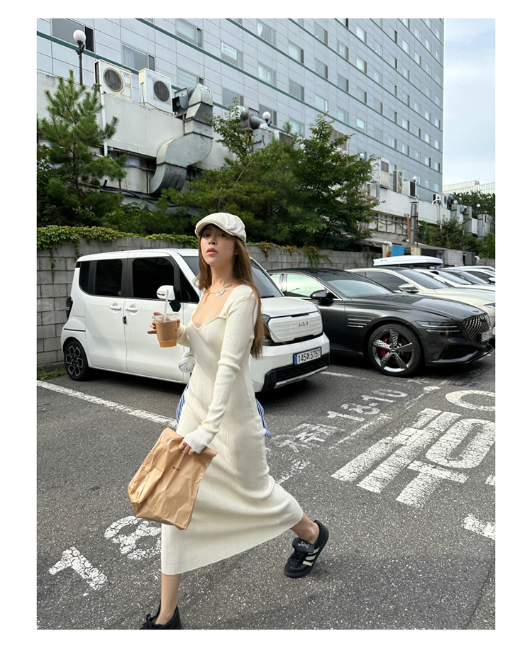 Autumn and winter knitted dress women's mid-length slim slim long-sleeved sweater dress