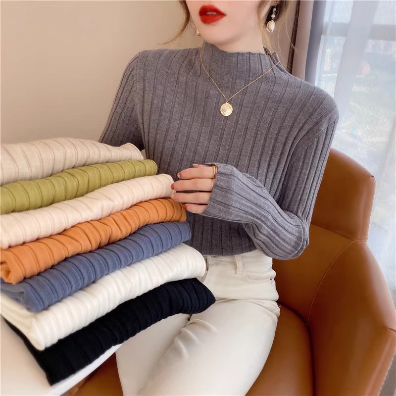 White bottoming shirt for women in autumn and winter with half turtleneck knitted top  new style high-end versatile sweater