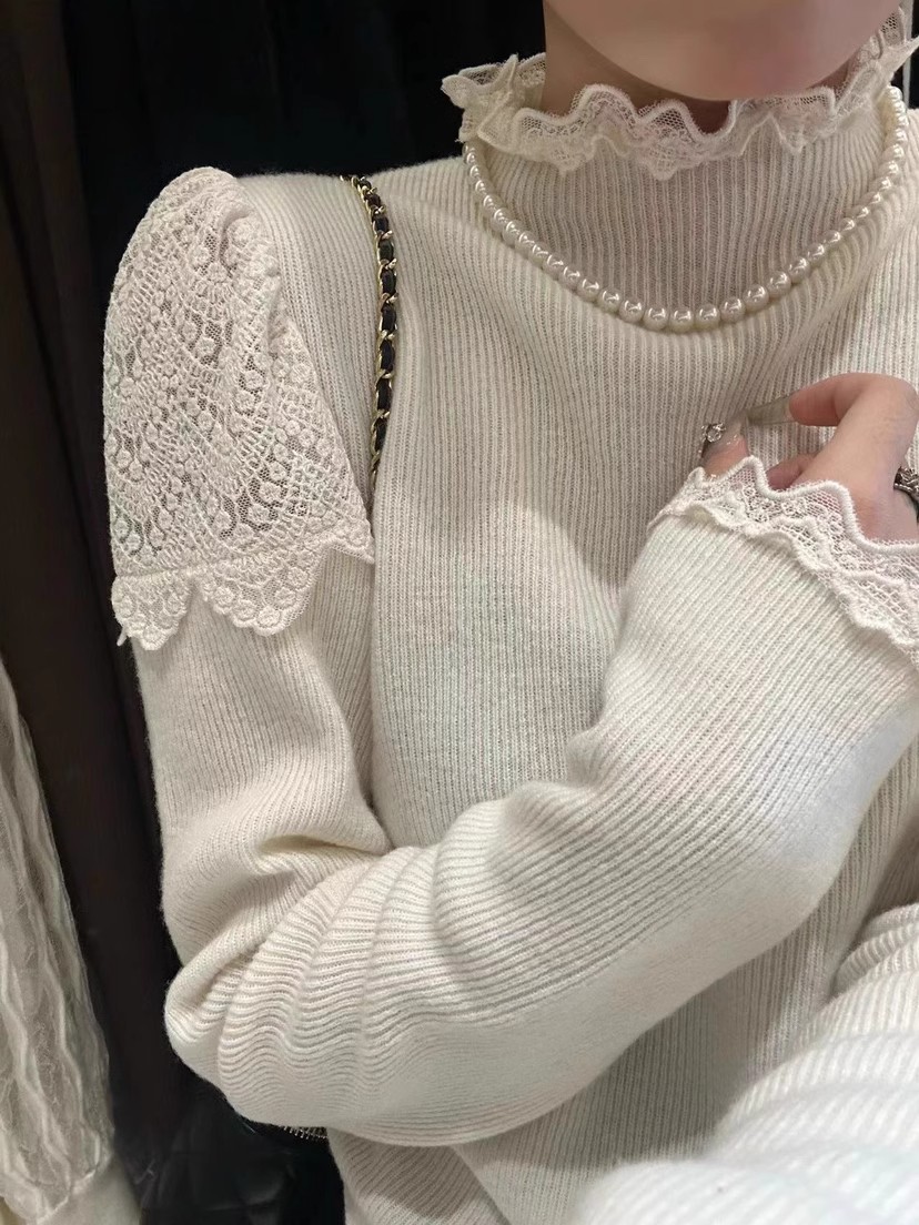 Low returns, good live broadcast style, niche design, wool half turtleneck, lace edge knitted sweater bottoming shirt top