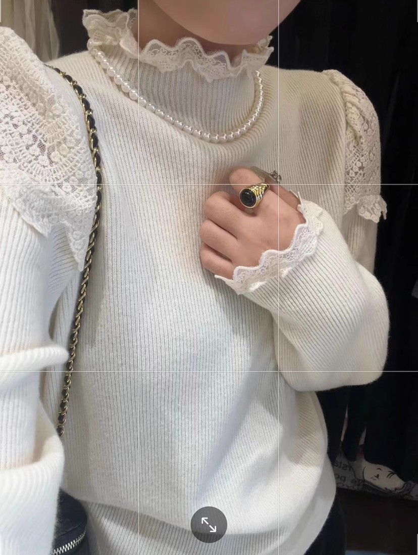 Low returns, good live broadcast style, niche design, wool half turtleneck, lace edge knitted sweater bottoming shirt top