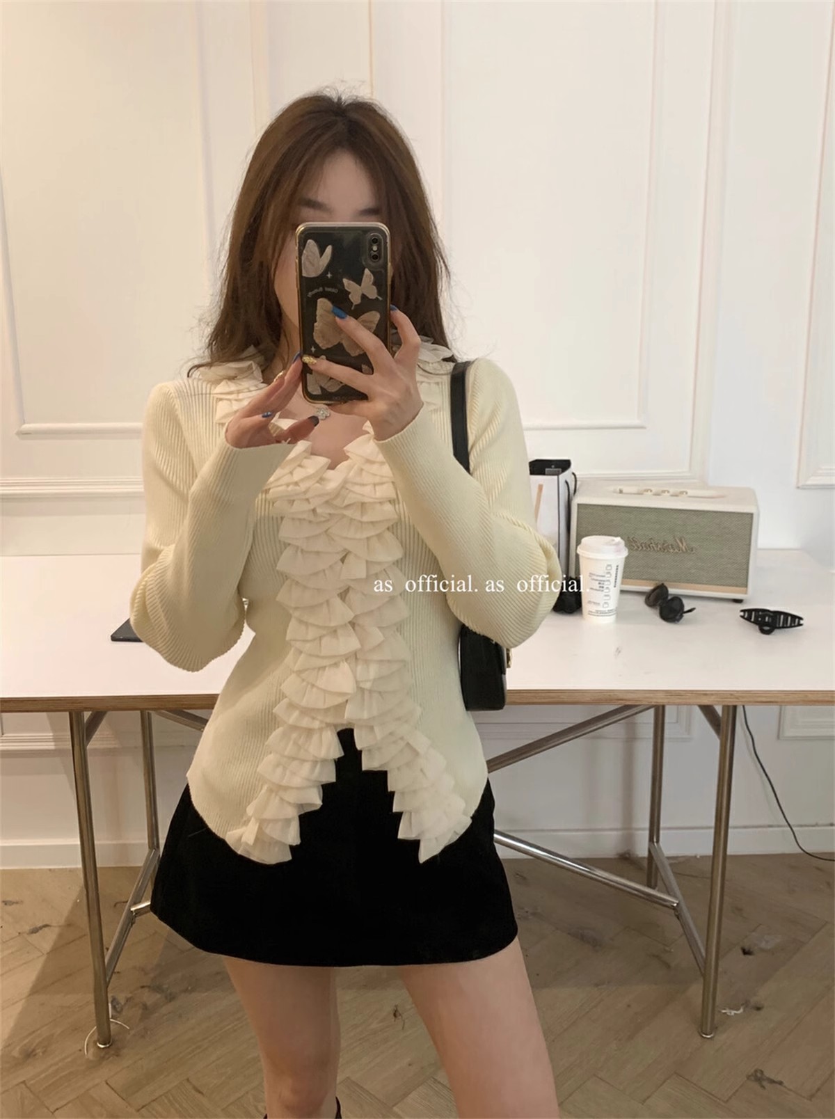 Design niche pleated petal collar sweater for women 23 winter versatile temperament waist slim long-sleeved top