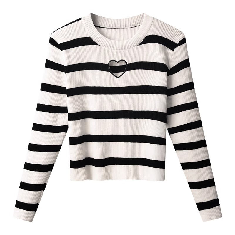 Black and white striped hollow sweater and sweater for women in autumn and winter new style chic slim bottoming shirt with long-sleeved top