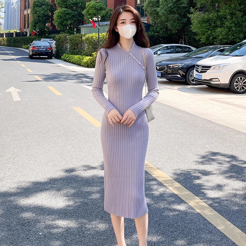 New Chinese style improved cheongsam with knitted dress for women autumn and winter slim fit mid-length slit sweater skirt