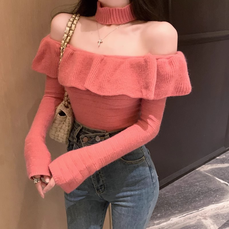 Hot girl pure desire halter neck sweater women's autumn and winter long-sleeved one-shoulder sweater black bottoming shirt slim slimming top