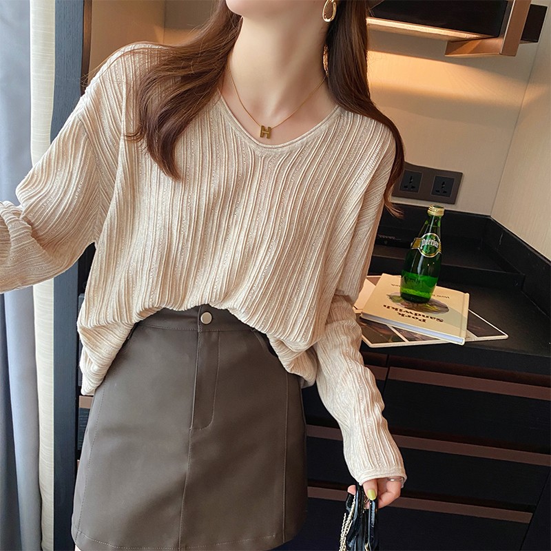 Regular size Tmall quality #loose long-sleeved V-neck knitted bottoming shirt tops for women