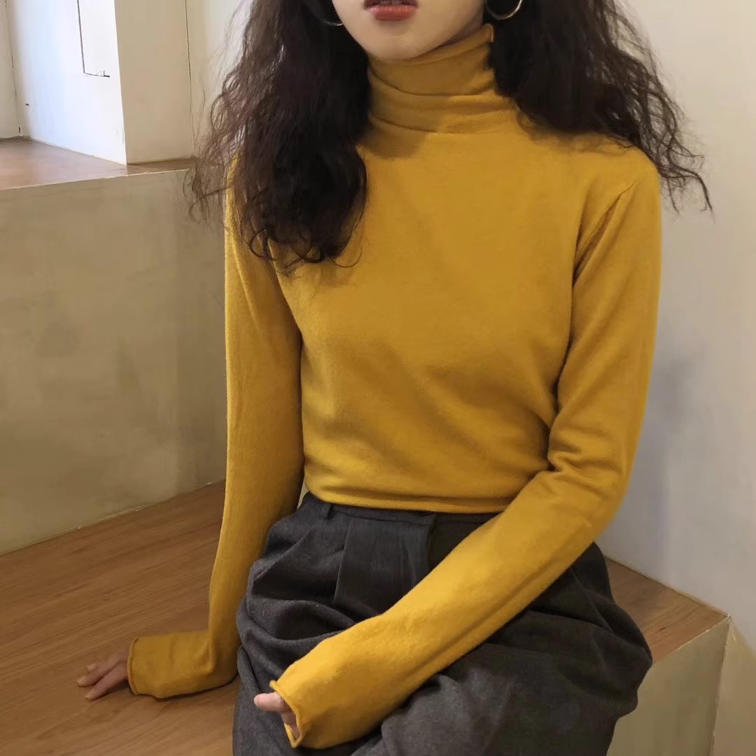 Turtleneck bottoming shirt for women, new autumn and winter  white knitted top, stylish pile collar, slim sweater inner wear