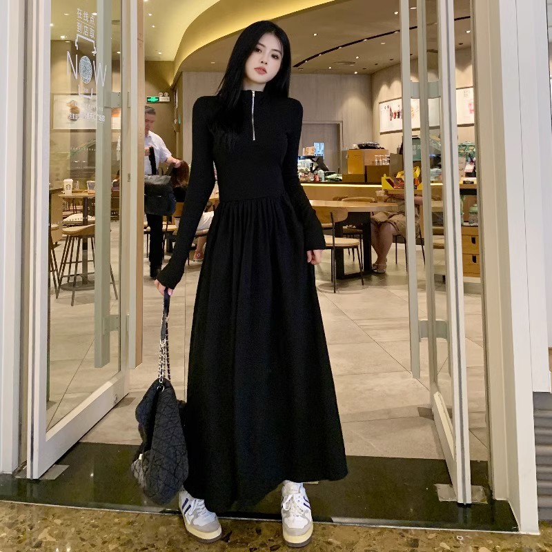 French-style high-end black dress for women in autumn and winter Hepburn style slim and slim long skirt