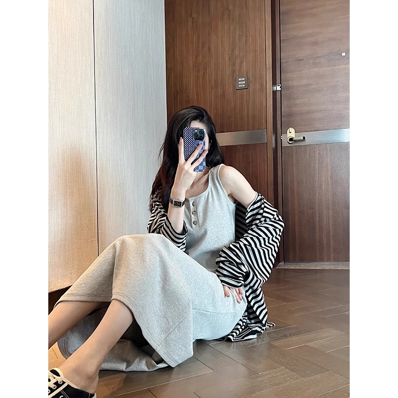 2024 new Korean style casual dress mid-length two-piece set for women spring and summer slim floral gray first love style