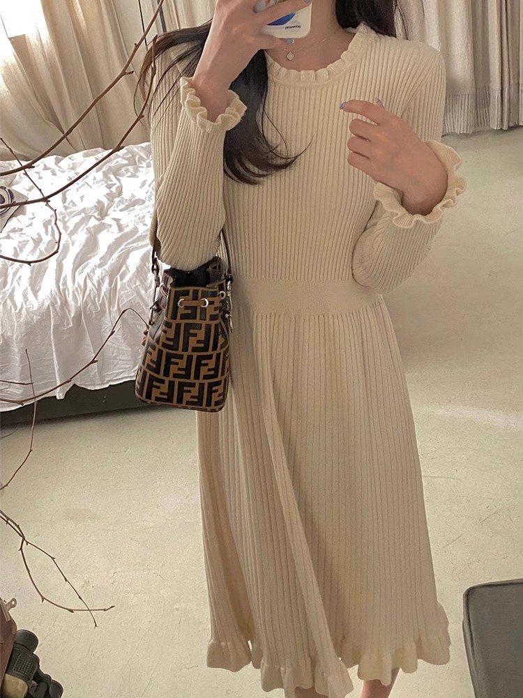 Small gentle style knitted dress for women autumn and winter mid-length waisted sweater dress over the knee slim bottoming skirt