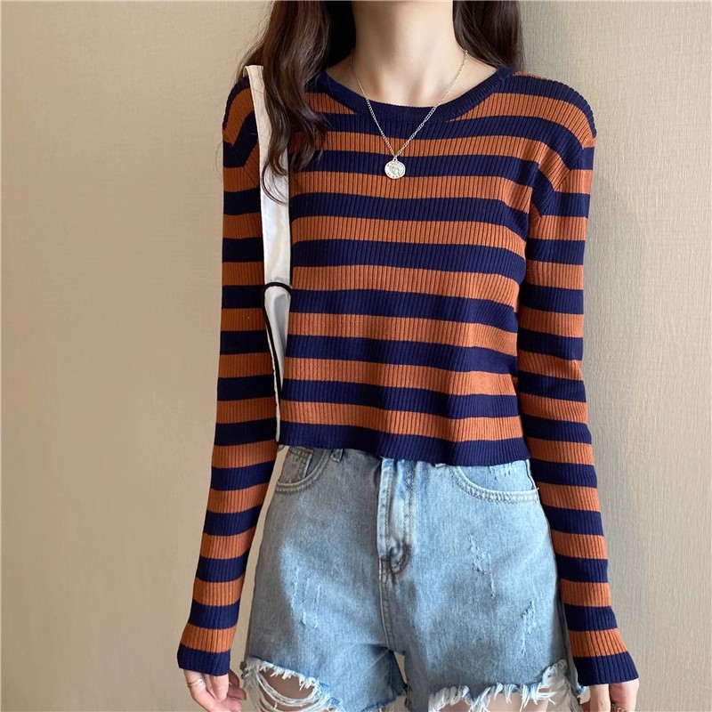 Korean fashionable striped long-sleeved T-shirt for women early autumn American retro slim-fitting shirt hot girl sweater top