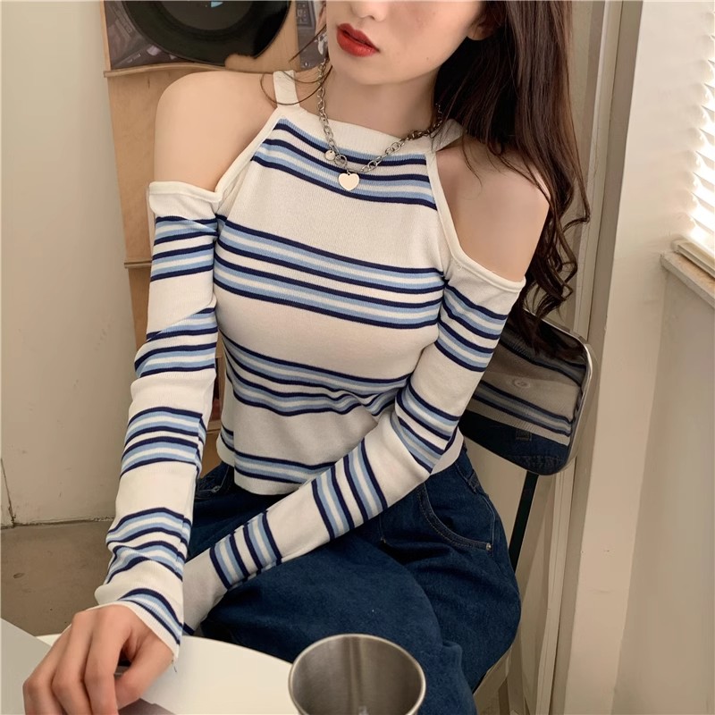 Halterneck, off-shoulder, striped long-sleeved sweater for women, slim-fitting autumn fit, short card-waist shirt, hot girl shoulder-cut top