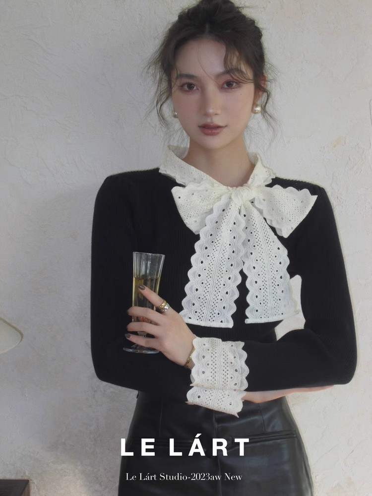 Autumn and winter fashionable French knitwear slimming high-end sweet lace bow sweater for women