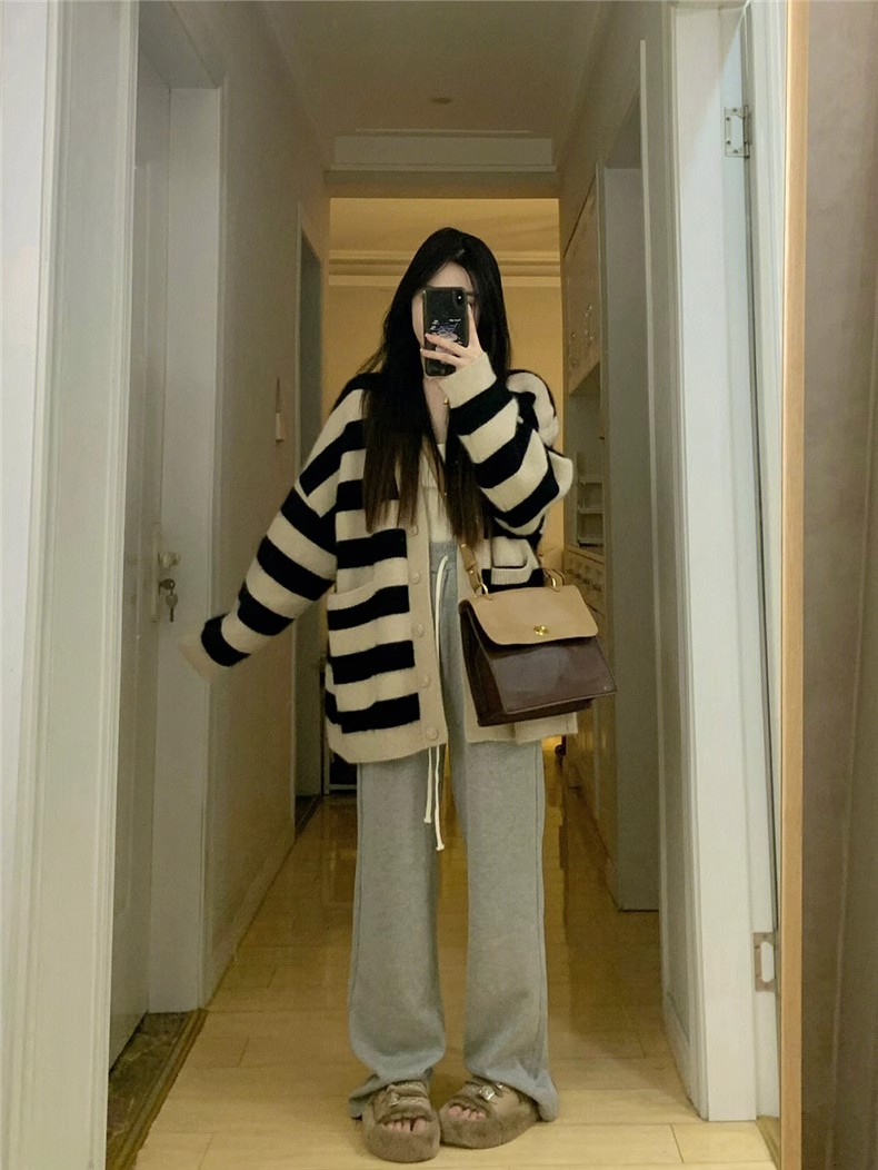  new autumn clothing Korean style loose lazy sweater women's spring and autumn striped knitted cardigan jacket top