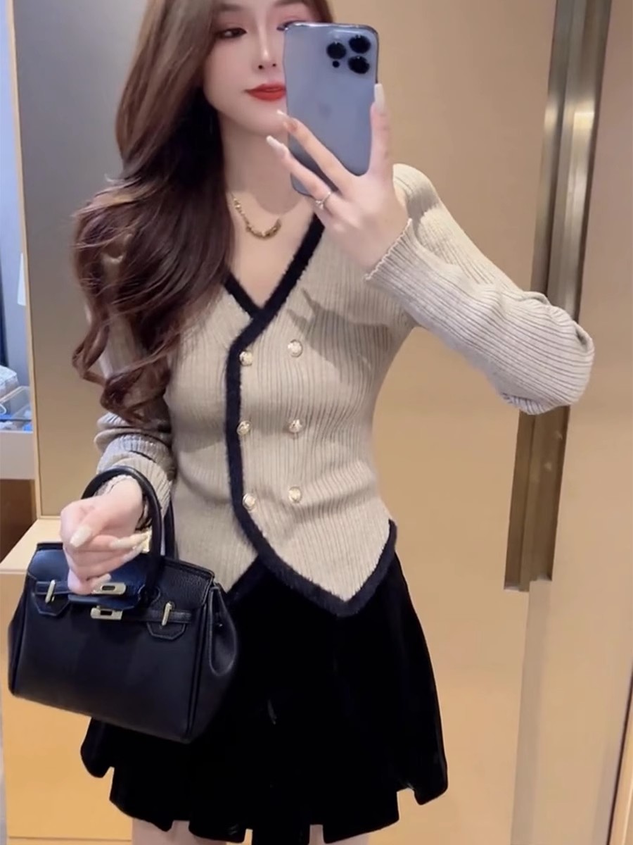 Irregular V-neck sweater women's cardigan autumn waist slimming bottoming retro small fragrance style sweater jacket top