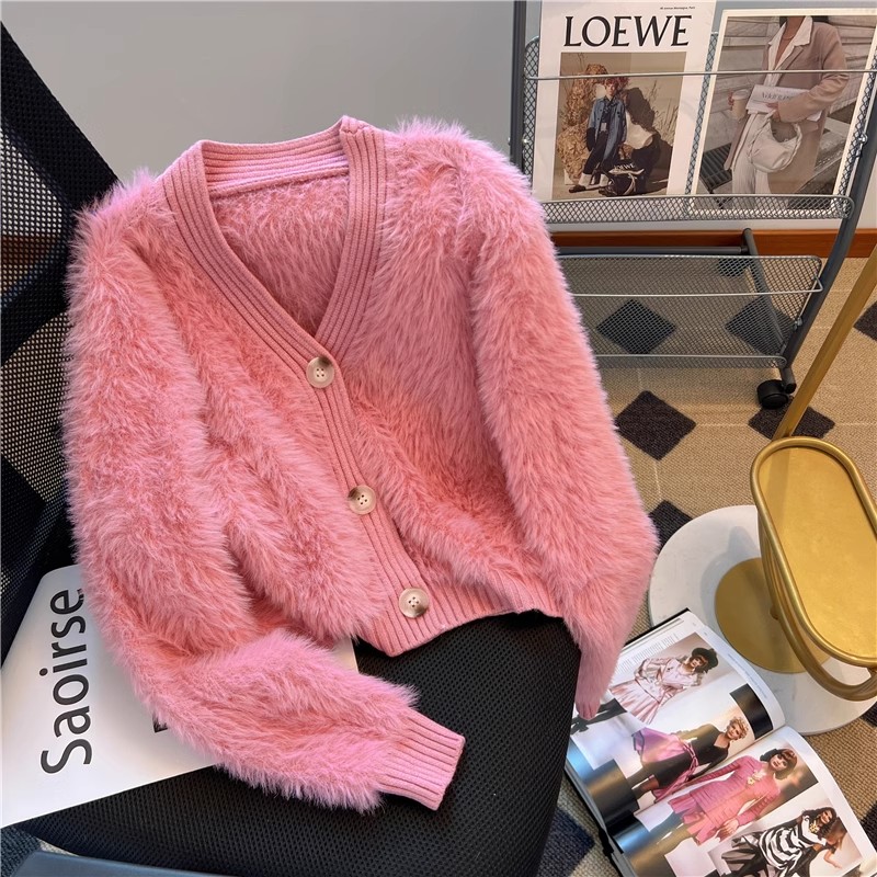 Soft and waxy imitation mink velvet coat for autumn and winter, super fairy milk white knitted cardigan, thickened V-neck lazy sweater top