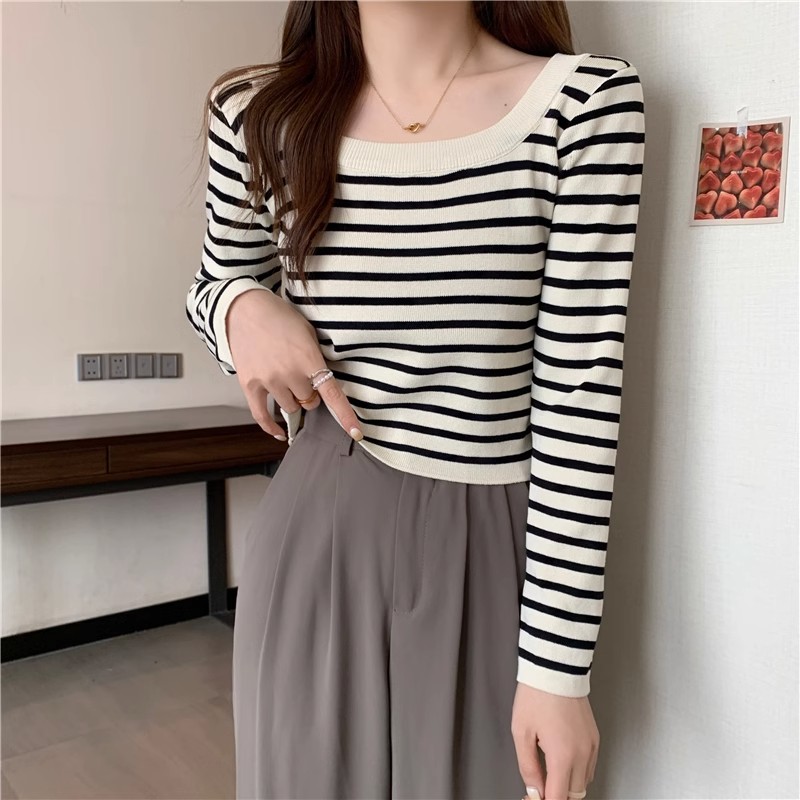 French U-neck black and white striped long-sleeved T-shirt autumn and winter tops for women new Korean style light and sophisticated style inner base sweater