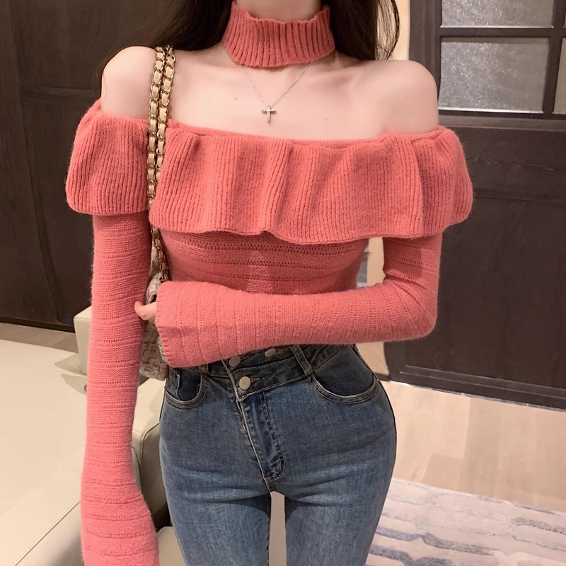 Hot girl pure desire halter neck sweater women's autumn and winter long-sleeved one-shoulder sweater black bottoming shirt slim slimming top