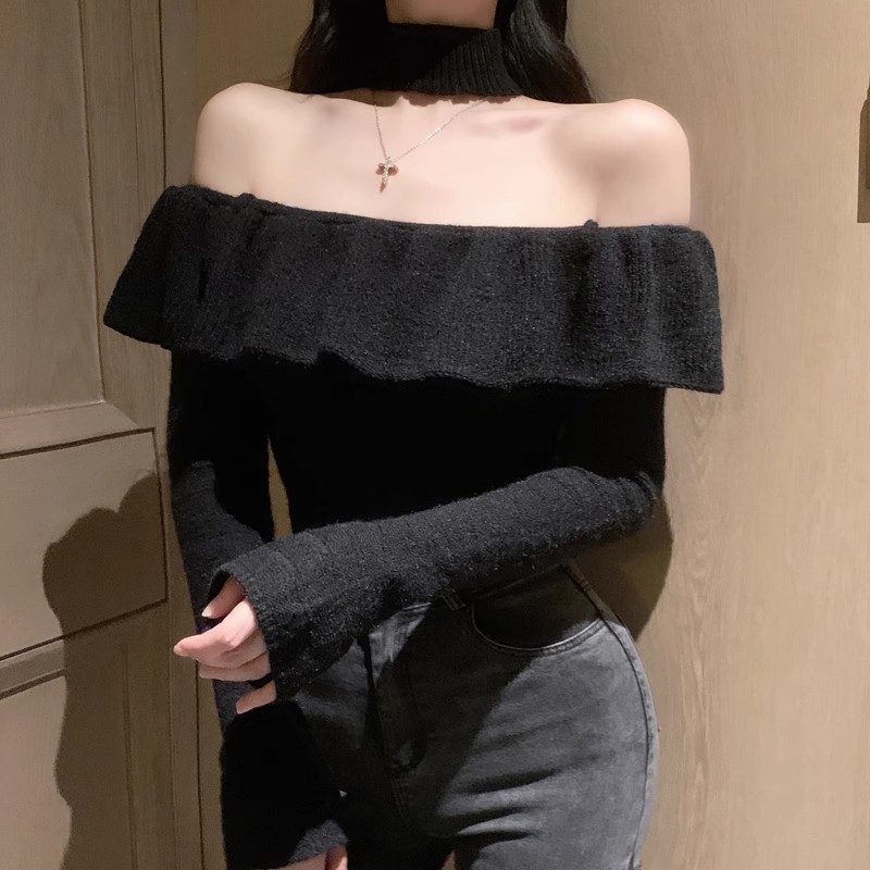 Hot girl pure desire halter neck sweater women's autumn and winter long-sleeved one-shoulder sweater black bottoming shirt slim slimming top