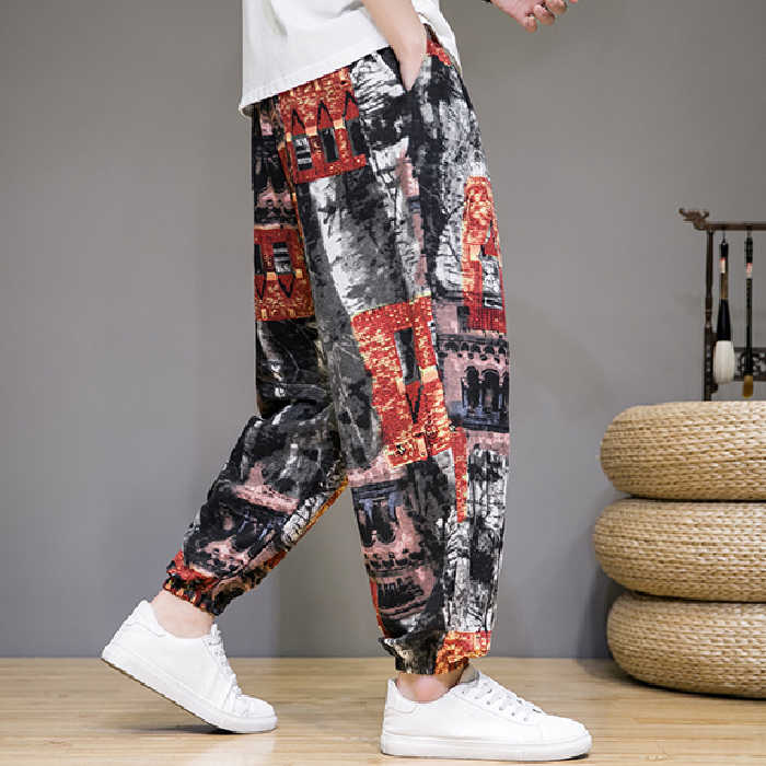 Retro ethnic style printed casual nine-point pants for men 2024 summer new harem pants elastic waisted pants