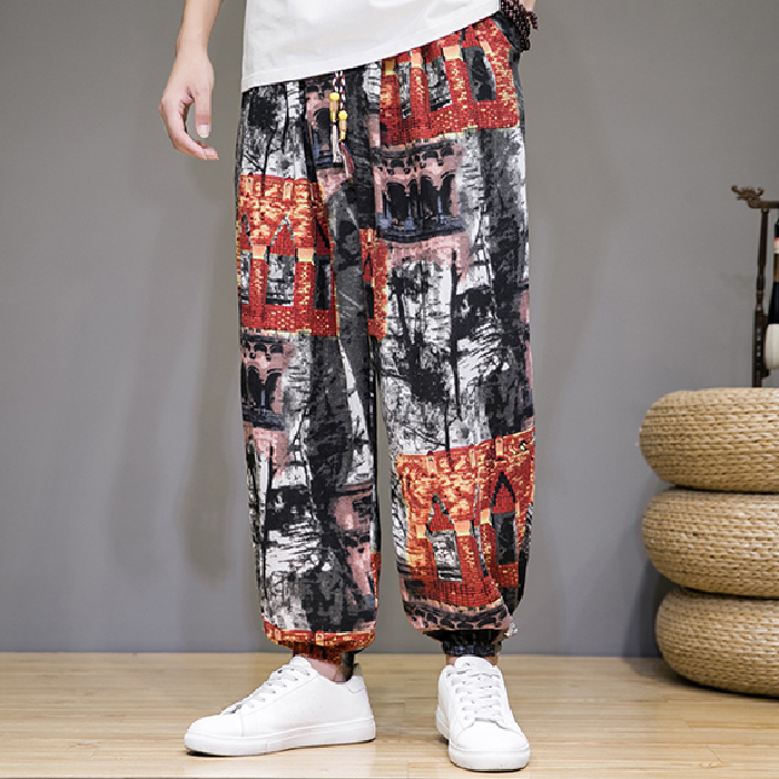 Retro ethnic style printed casual nine-point pants for men 2024 summer new harem pants elastic waisted pants