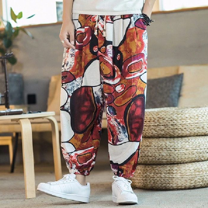 Ancient ethnic style printed casual nine-point pants for men 024 new summer harem pants elastic waisted pants