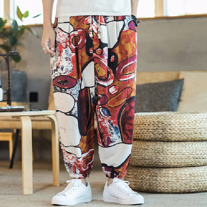 Ancient ethnic style printed casual nine-point pants for men 024 new summer harem pants elastic waisted pants