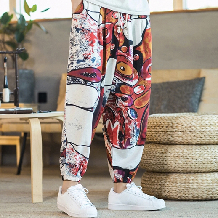 Ancient ethnic style printed casual nine-point pants for men 024 new summer harem pants elastic waisted pants