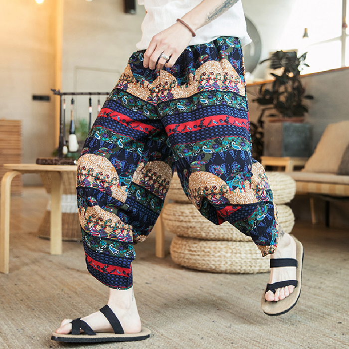 Ethnic style printed casual nine-point pants for men 2024 summer new harem pants elastic waisted pants