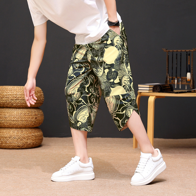 Shorts, beach shorts, men's cropped pants, Japanese trendy summer large size retro ethnic style men's mid-length pants