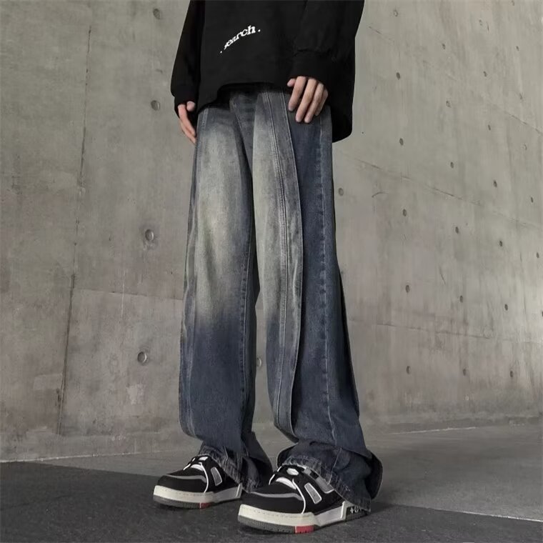 American retro gradient jeans men's autumn and winter design niche wide-leg loose straight pants high street fashion brand