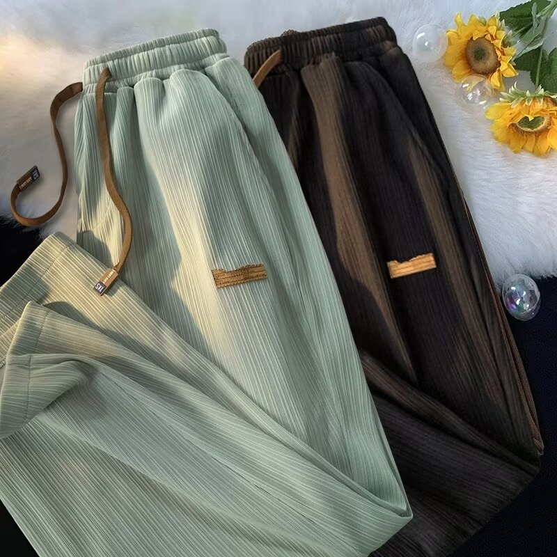 Returnable and exchangeable, second batch available for summer straight elastic ice silk casual men's loose wide-leg fall-feeling quick-drying sports trousers