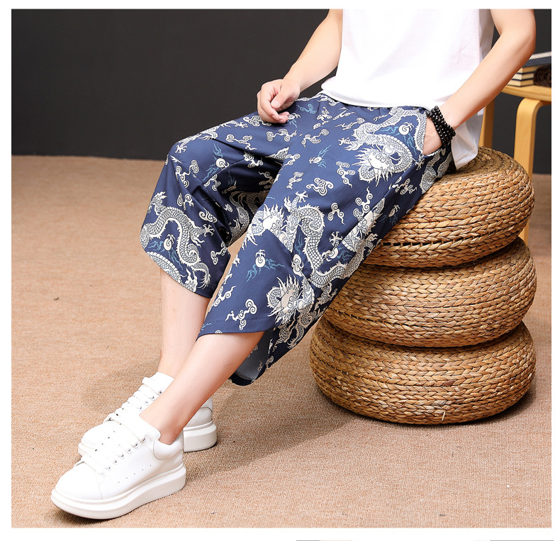 Summer literary and artistic printed ice silk loose and versatile harem pants elastic waist tie cropped pants for women and men