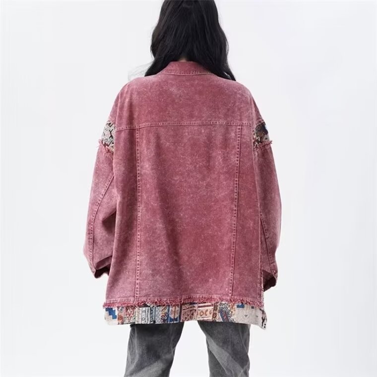 Spring and Autumn New American Retro Jacket Loose Vintage Sweet Cool Pink Splicing Workwear Denim Jacket for Women