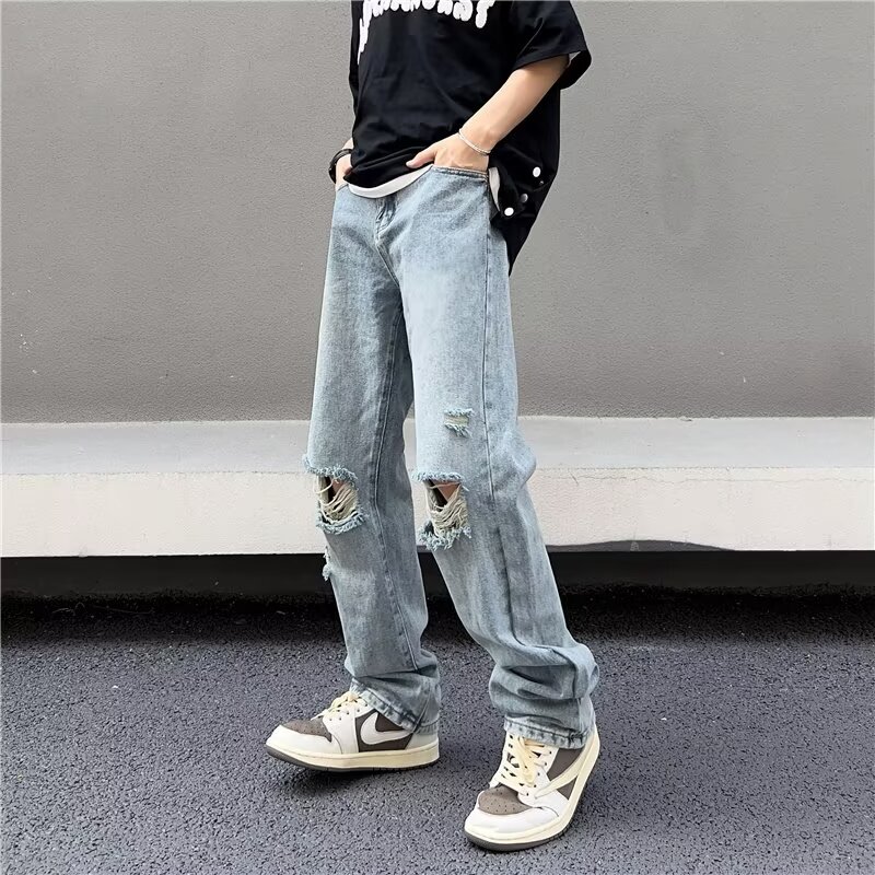 Light-colored ripped high-waisted jeans for women petite, thin, drapey, straight-leg slimming, loose wide-leg trousers, trendy