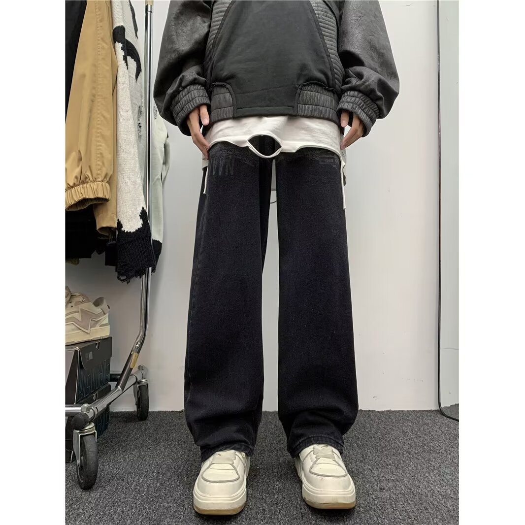 Spring and summer gradient black jeans for men and women straight-leg loose high-waisted wide-leg pants floor-length pants