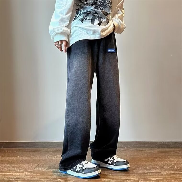 2024 Autumn New Fashion Brand High Street Loose Jeans Men's Straight Retro Washed Vintage Wide Leg Pants