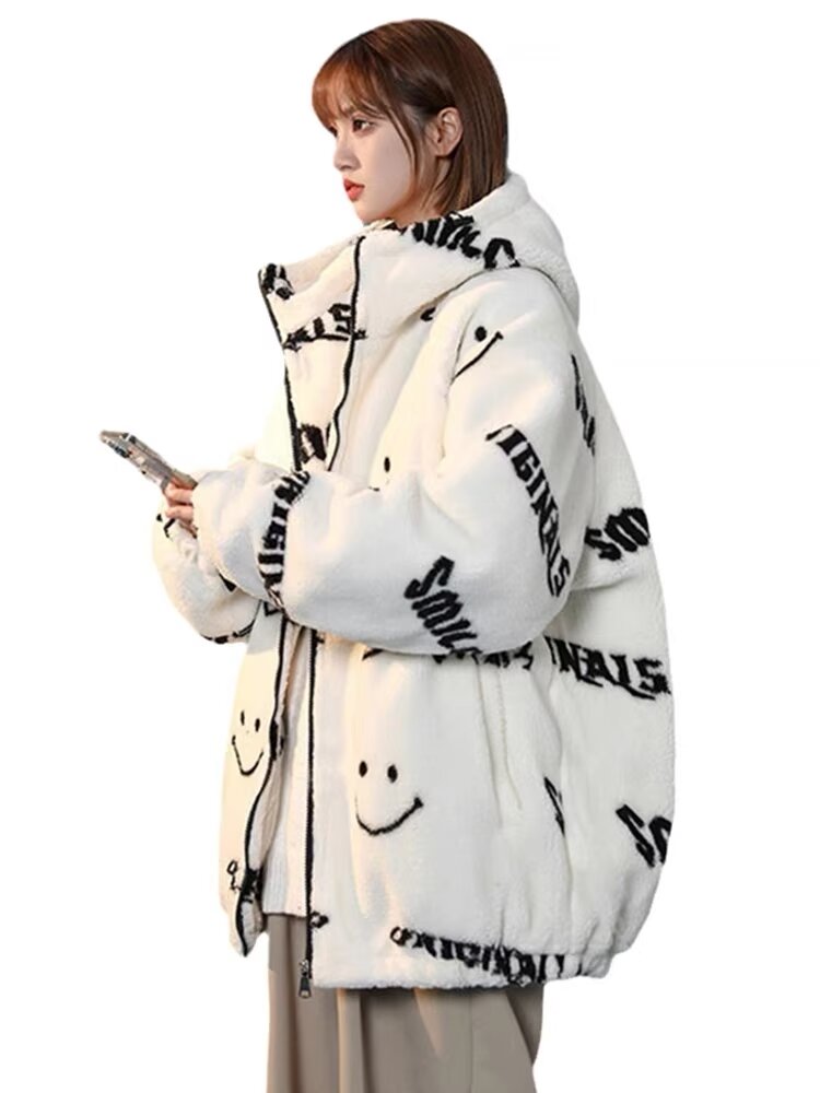 New autumn and winter stand-up collar smiley imitation lamb fur coat for women mid-length rabbit fur loose plush coat