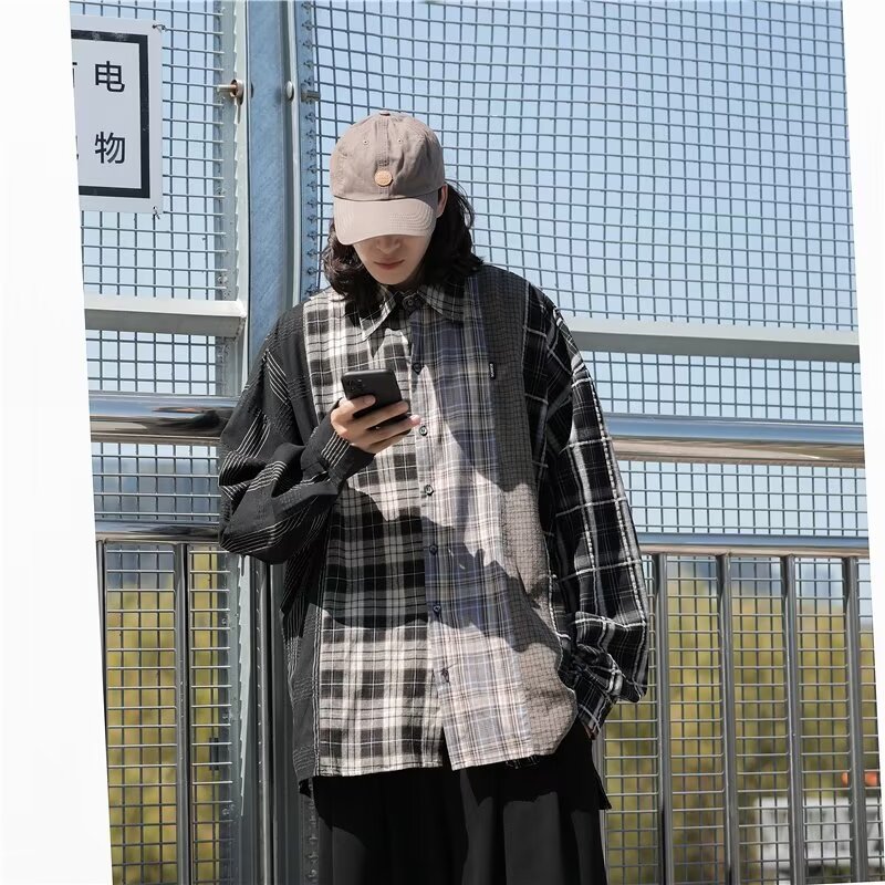 Frayed plaid shirt men's design sense street loose contrast color long-sleeved sun protection shirt retro thin jacket