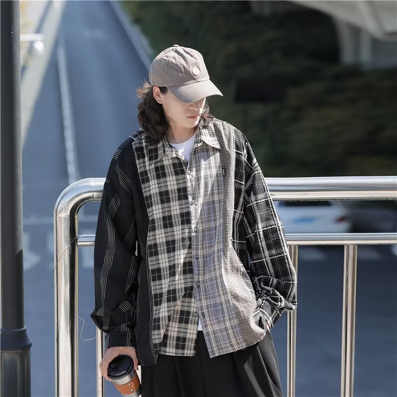 Frayed plaid shirt men's design sense street loose contrast color long-sleeved sun protection shirt retro thin jacket