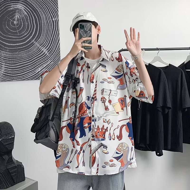 Hawaiian flower shirt men's short-sleeved Thai Hong Kong style baroque handsome shirt beach seaside vacation ice silk jacket