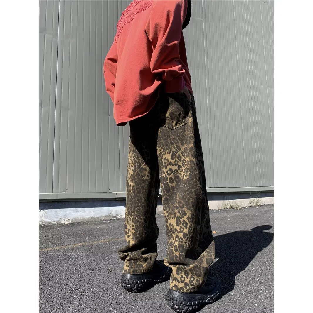 High Street Leopard Print Pants Women's Loose Wide Leg Jeans Men's Autumn and Winter New American Casual Pants Winter