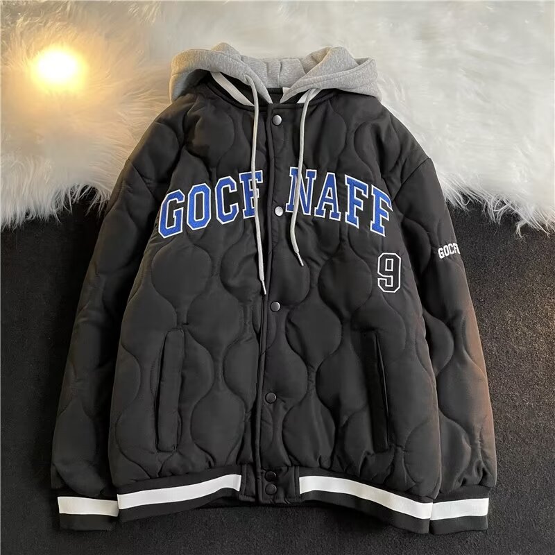 Winter American retro rhombus hooded baseball jacket cotton coat women's cotton jacket new loose thickened cotton jacket