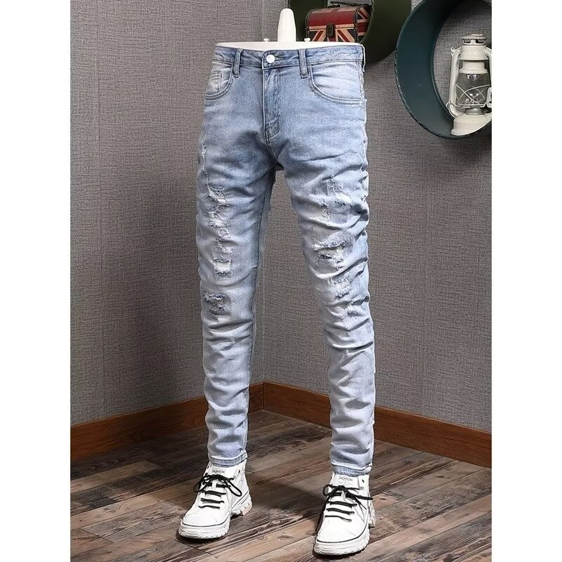 Can be returned and exchanged in second batch, spring and autumn light-colored casual jeans for men, slim fit, elastic, casual, all-match long trousers for men