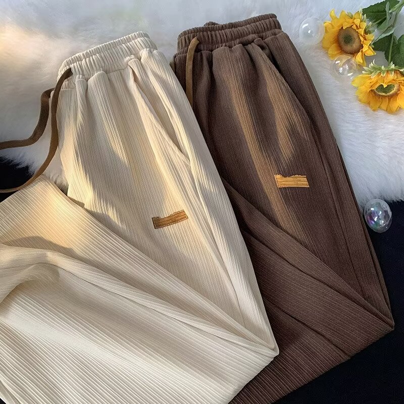 Returnable and exchangeable, second batch available for summer straight elastic ice silk casual men's loose wide-leg fall-feeling quick-drying sports trousers