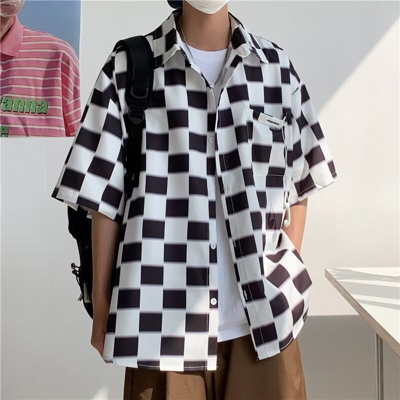 Shirt men's summer street patchwork checkerboard shirt jacket loose casual short-sleeved top trendy