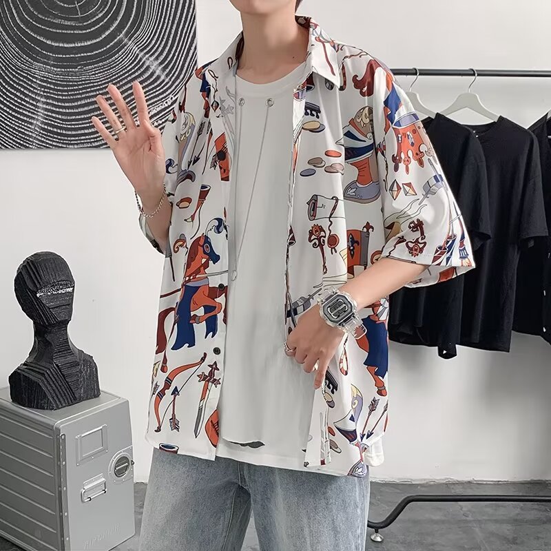 Hawaiian flower shirt men's short-sleeved Thai Hong Kong style baroque handsome shirt beach seaside vacation ice silk jacket