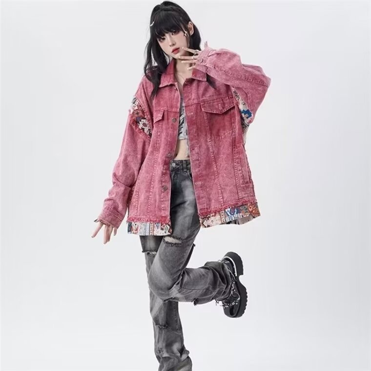 Spring and Autumn New American Retro Jacket Loose Vintage Sweet Cool Pink Splicing Workwear Denim Jacket for Women