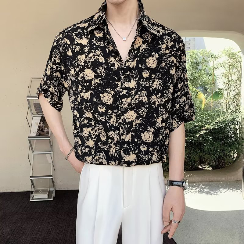 Summer new casual printed ice silk loose large size shirt tops for men