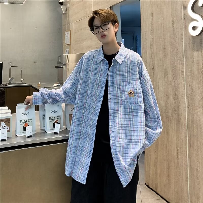 Design sense Japanese versatile loose spring and autumn long-sleeved jacket contrasting plaid lazy trendy brand shirt for men